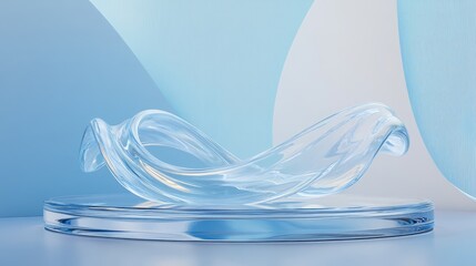 Aufkleber - 3D render of a podium featuring a transparent glass wavy ribbon on water set against an abstract geometric background in holographic blue hues Contemporary platform mockup designed for promotional
