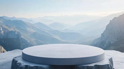 Poster - 3D rendered platform and natural podium background on a mountain cliff for product showcase blank display mock up template or cosmetic presentation featuring an empty round stage