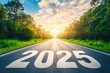 © Алена Ваторина - Open road with the year 2025 painted on the asphalt, leading towards a sunrise, symbolizing a new beginning