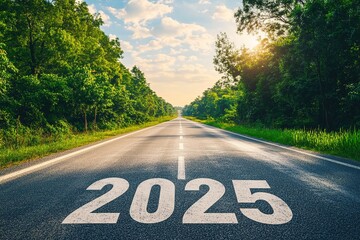 Open road with the year 2025 painted on the asphalt,  symbolizing a new beginning and future opportunities