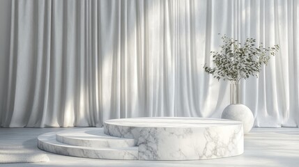 Poster - 3D rendering of blank white marble display podiums for advertising against a white curtain backdrop 3D illustration