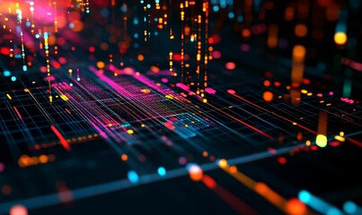 Abstract digital grid with colorful lights.