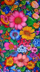 Sticker - Vibrant Floral Painting with a Blue Background.