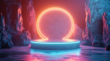 Aufkleber - Abstract neon backdrop featuring luminous geometric shapes natural stone elements and a 3D podium Empty display platform for showcasing technological products and gadgets
