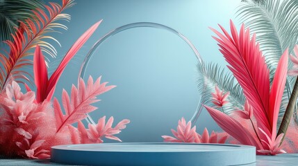 Poster - 3D rendering of an abstract podium display featuring tropical leaves and coral pink plants Concept for product promotion with a soft blue natural background