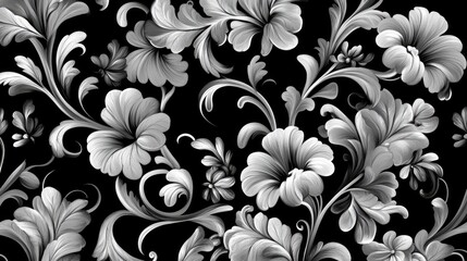 Poster - Black and white floral pattern design suitable for background wallpaper or tile applications