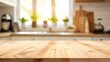 © Mariquita vector - Wooden table in modern kitchen with blurred background. Wood rustic counter for product display, showcasing bright and clean interior design, ideal for cooking and home lifestyle