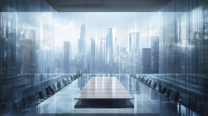 Canvas Print - A modern conference room with a panoramic city view and a long table for meetings.