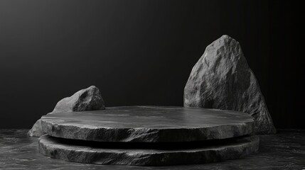 Aufkleber - 3D render illustration of stone and rock shapes Round podium and pedestal for product display Solid dark black color Mockup template for advertising design