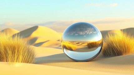 Aufkleber - 3D render of an abstract surreal landscape featuring dunes yellow grass pastel sand and a reflective glass and metallic sphere