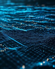 Poster - Abstract digital landscape with glowing blue lines and dots, creating a futuristic and high-tech atmosphere.