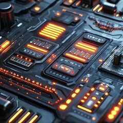 Poster - Close-up of a futuristic circuit board with glowing orange elements, showcasing intricate details in technology design.