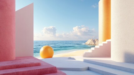Aufkleber - Abstract summer landscape featuring geometric shapes and an ocean beach view 3D rendering