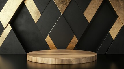 Aufkleber - Abstract Elegant Wooden Gold Podium on Gold Triangle Background Empty Round Wood Product Stand on Black Background 3D Rendering