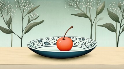 Aufkleber - Blue Plate With One Cherry On Wooden Surface