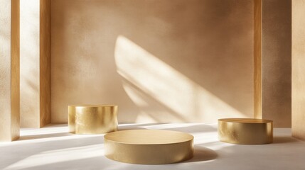 Poster - Collection of gold geometric pedestals with minimal circular backdrop and pillars in an abstract studio setting Clean scene for showcasing cosmetic products and promotions 3D rendering