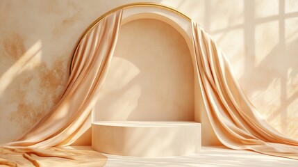 Aufkleber - 3D background featuring a beige podium for display mockup Flowing silk cloth and a golden arch frame create an elegant setting for beauty and cosmetic presentations Feminine scene with a pedestal