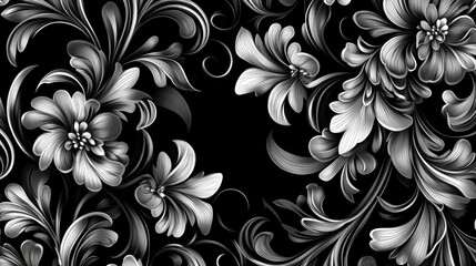 Poster - Black and white floral pattern design suitable for background wallpaper or tile applications