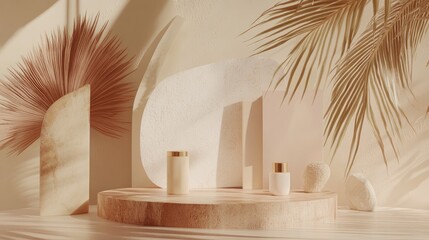 Aufkleber - 3D render of a podium display in boho style featuring abstract shapes and palm leaves Minimal pastel background for showcasing cosmetics and products