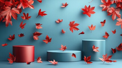 Aufkleber - Abstract composition featuring geometric shapes and drifting autumn leaves Cylindrical display on a blue backdrop adorned with red foliage Product showcase Arrangement of podium platform and autum