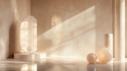 Aufkleber - 3D rendering of an abstract cosmetic backdrop featuring a product An empty scene includes a cylindrical mirror and spherical lights on the floor set against a pastel cream minimal wall Ideal for a