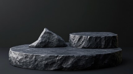 Aufkleber - 3D render illustration of stone and rock shapes Round podium and pedestal for product display Solid dark black color Mockup template for advertising design