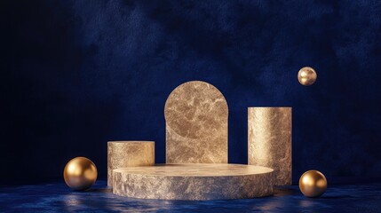Poster - Brown cylindrical podium featuring various gold shapes against a dark blue background Backdrop design for product promotion 3D rendering
