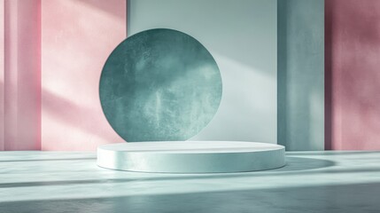 Aufkleber - 3D abstract studio space featuring a pedestal podium A geometric platform in white and pastel blue with overlapping circular backdrop Contemporary minimal setting for showcasing cosmetic products