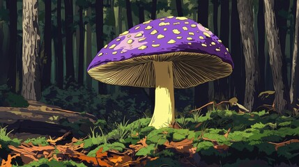 Poster - 2D cartoon depiction of a purple spotted Cortinarius Iodes mushroom thriving in a natural forest setting