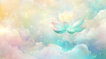 Poster - A serene digital illustration of a lotus flower surrounded by pastel clouds and sparkles.