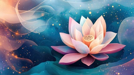 Wall Mural - A serene digital illustration of a blooming lotus flower surrounded by soft, colorful waves.