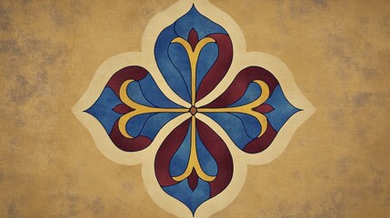 Poster - A decorative floral pattern featuring blue, red, and yellow elements on a textured background.