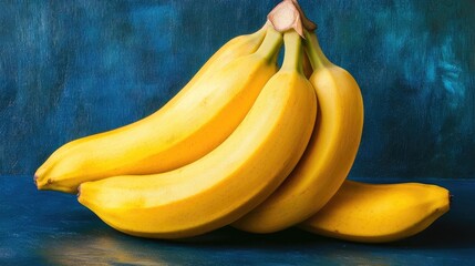 Poster - Bright yellow bananas on a blue backdrop showcasing their vibrant unpeeled texture