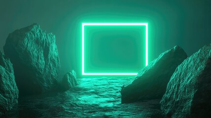 Aufkleber - 3D render of an abstract neon green background featuring a glowing square frame and cobblestone rock ruins Scene designed for product display platform