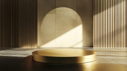 Poster - 3D background featuring a golden scene with an empty podium and geometric shapes including a circular pedestal on a floor with shadows designed for minimal style product presentation composition a