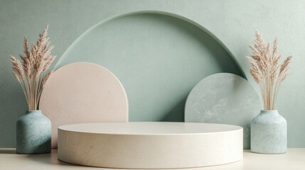 Aufkleber - 3D rendering of geometric stone podium Abstract pastel shapes create a blank platform Empty pedestal for product display ideal for showcasing cosmetics Minimalist composition featuring a rounded s
