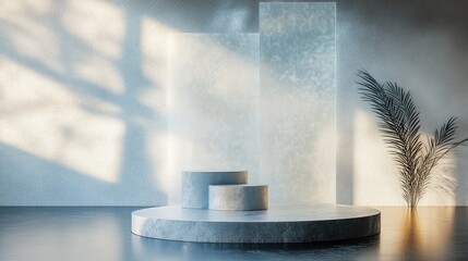 Aufkleber - Abstract natural field scene featuring a podium for product display set against a frosted glass backdrop 3D rendering