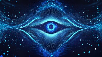 Aufkleber - Abstract illustration featuring symmetrical blue glowing lines and particle glitter designed in the shape of an eye