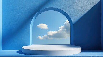 Poster - 3D render of an abstract blue background featuring a window with a blue sky set against a blue wall and an empty podium Blank showcase mockup with an unoccupied round stage