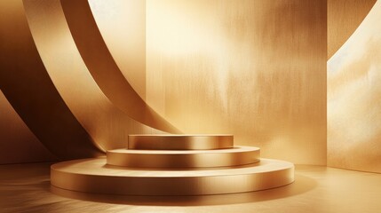Aufkleber - 3D render of a gold background featuring geometric shapes an empty pedestal arranged on three levels and a circular wall design with a gradient from small to large creating a platform composition