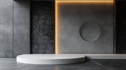 Aufkleber - Abstract 3D rendering of a modern showroom interior design featuring an empty floor and a white podium against a concrete wall backdrop