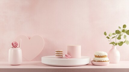 Poster - 3D render of a minimalistic sweet scene featuring a display podium for mockups and product branding Pink pedestal stand themed for love celebrations complemented by an adorable heart background De