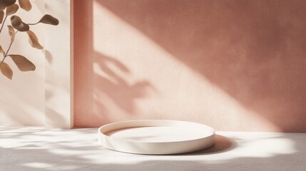 Aufkleber - Angled perspective of a minimalist product background mockup featuring natural lighting 3D pastel platform for showcasing items with dynamic sunlight casting deep shadows on a textured surface