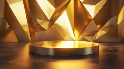 Poster - 3D illustration featuring a golden background with geometric shapes illuminated pedestal for showcasing products ideal for promotion and sales 3D render