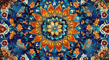Aufkleber - Abstract background featuring a colorful mandala in floral design Raster illustration suitable for textile and carpet ornament patterns resembling Persian relief and stained glass in an Oriental s