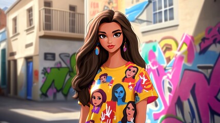 Poster - A young woman poses in a colorful graphic tee against a vibrant urban mural backdrop.