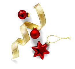 Wall Mural - christmas composition with isolated christmas gold ribbon and red christmas tree ball on transparent