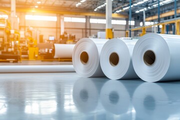 Printing factory interior with massive paper rolls on processing machines, industrial automation, high-tech manufacturing environment