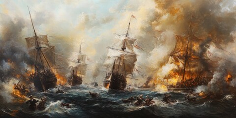 Canvas Print - A sea battle with ships on fire.