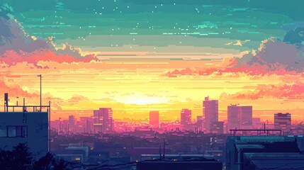 Wall Mural - A vibrant pixel art sunset over a city skyline, blending colors in a serene atmosphere.